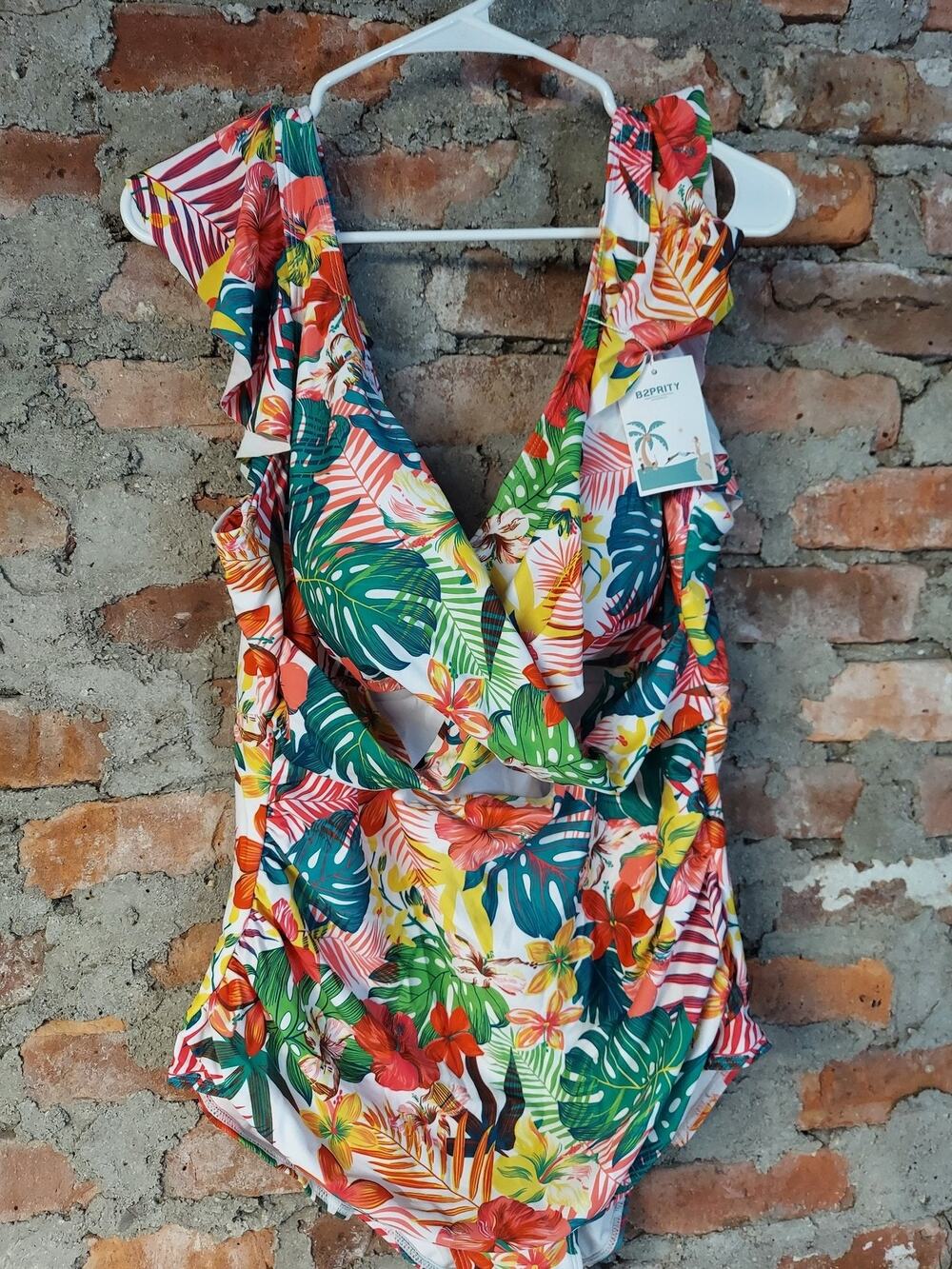 B2PRITY Womens One Piece Swimsuit 2XL Ruffle V Neck Cutout Tropical Leaf Print